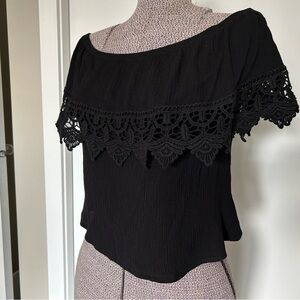 Boho embroidered Elegant Black Lace Trim Women's off the shoulder Top whimsygoth